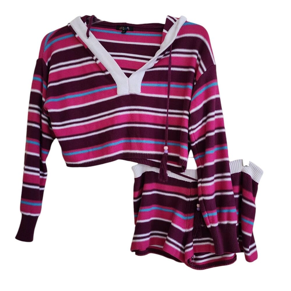 Dolls Kill Striped Hooded Cropped Sweater — Plum, Pink, Teal, White